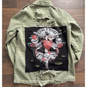 2017Zara Guns N Roses Womens Military Utility Graphic Jacket Distressed Ripped S